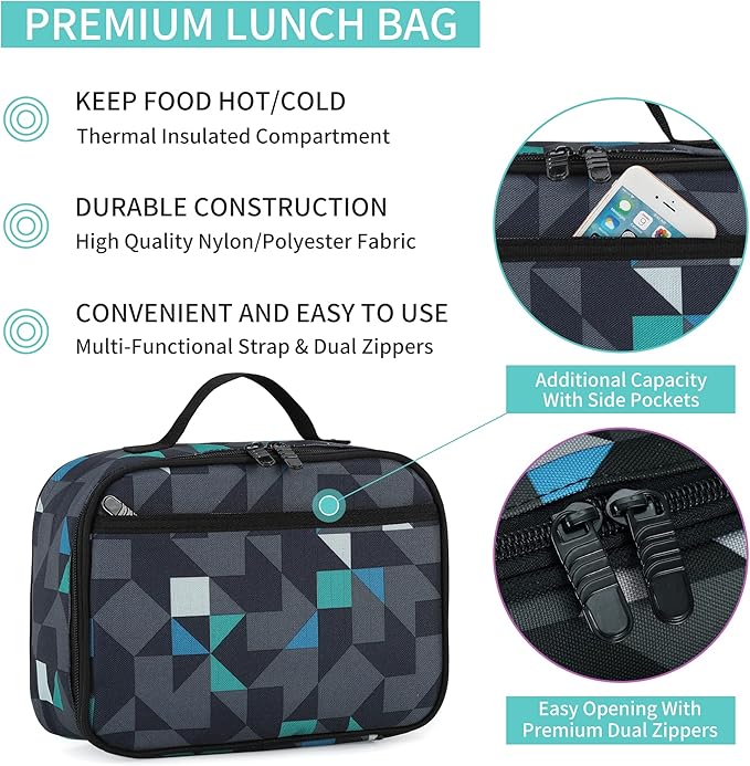 rickyh style Lunch Box with Padded Liner, Spacious Insulated Lunch Bag Durable Thermal Lunch Cooler Pack with Strap for Men Women Boys Girls Adults School Sports Beach Picnic Work Camp,2 Pocket