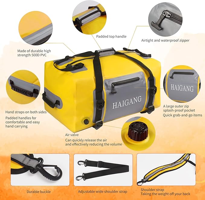 70L Waterproof Duffel Bag Travel Dry Bag, Large Capacity, Adjustable Thickened Straps and Handles, Zip Closure, Air Valve, Keep Equipment Safe, Suitable for Boating Rafting Motorcycle Kayaking