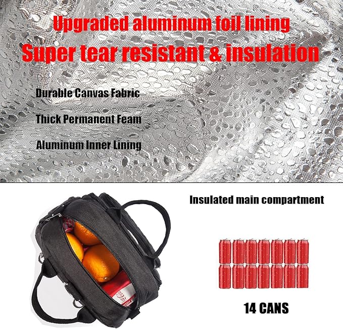 Insulated Lunch Bag Backpack for Women/Men, 3 carrying way Lunch Tote, Large Waterproof Cooler Box with Side pockets for Adults, College, Work, Beach, Picnic, Black