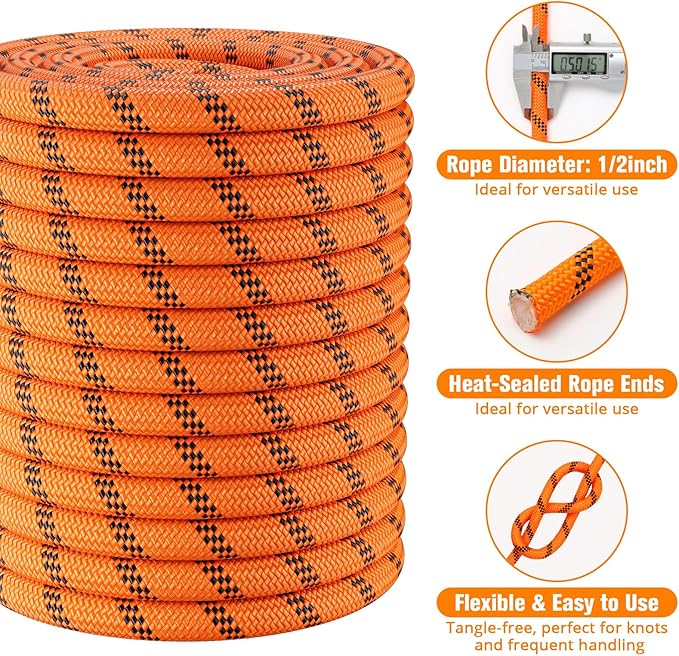 Double Braided Arborist Rigging Rope - 1/2 in X 100 ft 48 Strands Outdoor Pulling Heavy Duty Polyester Bull Rope for Swing Tree Work Camping Rescue Hiking Logging - Orange