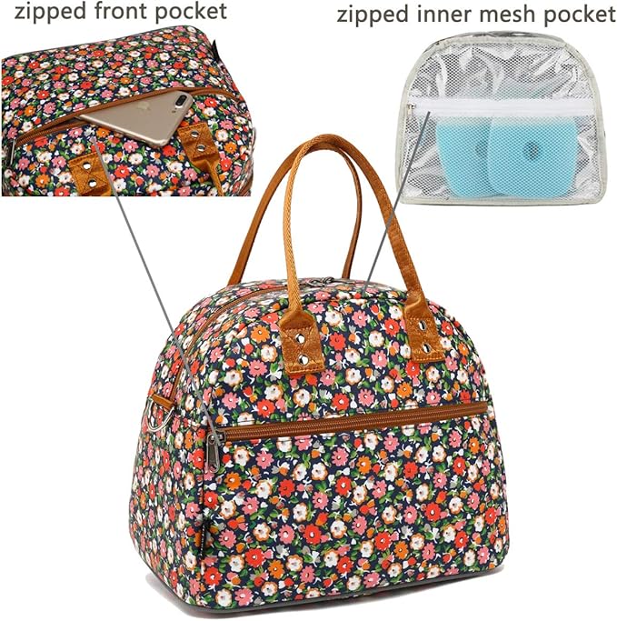 FlowFly Insulated Lunch Bag With Shoulder Strap for Women, Men, and Kids, Large and Reusable, Handle, Freezable Work and School Travel Tote and Meal Prep Organizer,Floral