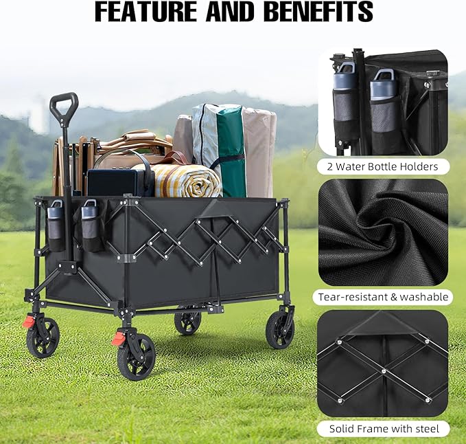 Collapsible Wagon Cart Foldable, 220L Folding Wagon Cart with All-Terrain Wheels, Outdoor Utility Carts with 350lbs Weight Capacity for Grocery Beach Camping Shopping, Black