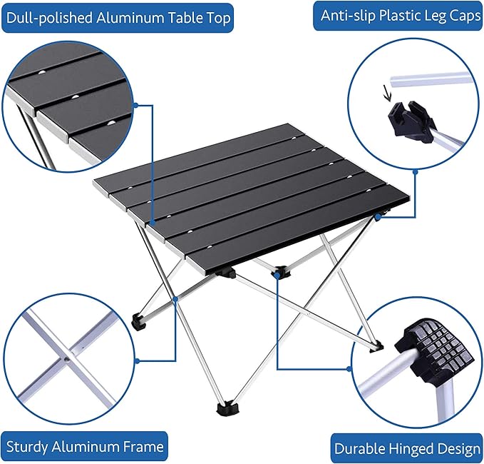 Grope Small Folding Camping Table with Aluminum Table Top, Beach Table for Sand with Carrying Bag,Prefect for Outdoor,Picnic,BBQ,Cooking,Festival