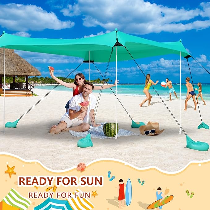 Camping Tent UPF50+ with 8 Sandbags, Beach Shade Canopy with Stability Poles and Big Ground Pegs, Pop Up Canopy for Camping, Picnics, 12X12FT Green