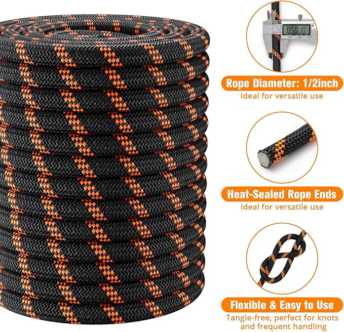 Double Braided Arborist Rigging Rope - 1/2 in X 100 ft 48 Strands Outdoor Pulling Heavy Duty Polyester Bull Rope for Swing Tree Work Camping Rescue Hiking - Black