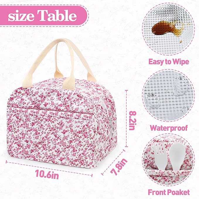 Cotton Quilted Insulated Lunch Bag, Cute Quilted Floral Lunch Tote Bags Reusable Insulated Lunch Box Coquette Aesthetic Large Capacity Insulated Cooler for Women Men Work Travel Picnic (Red)