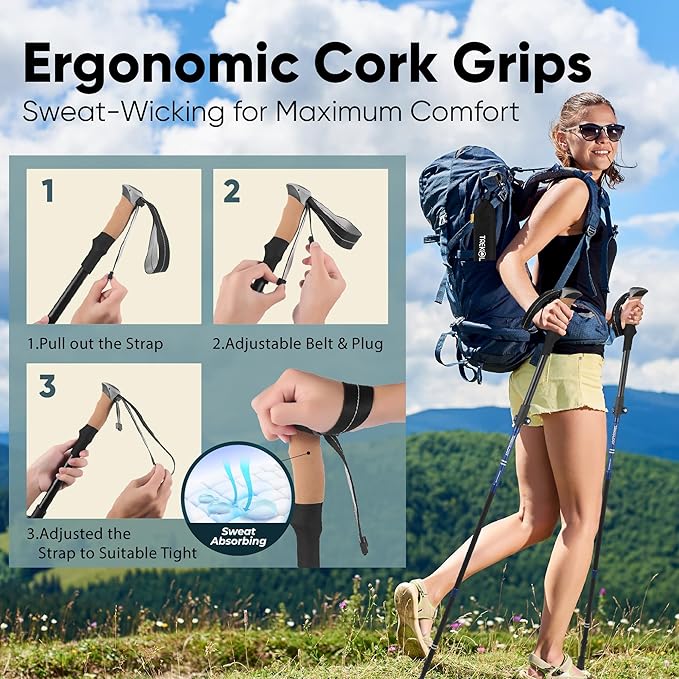 TREKOLOGY Hiking Poles with Real Cork Grips, Adjustable for Heights 5'2'' to 6'5'' – Lightweight Trekking Poles, Aircraft-Grade Aluminum, Compact Fold for Hiking & Backpacking (2pc Set) TREKZ Cork SE