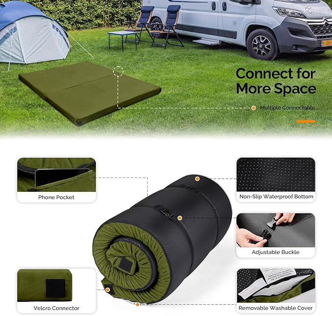 VINGLI 3 "Memory Foam Sleeping Pad Camping Mattress, Portable Floor Mattress Sleeping Mat Bed Roll Up for Guests Adult with Pillow & Phone Pocket