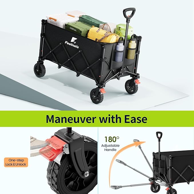 180L Collapsible Wagon with Wheels, Feelnais Folding Wagon Cart with Adjustable Handle, Foldable Utility Wagon for Grocery Shopping Camping Outdoor Sports Beach Garden