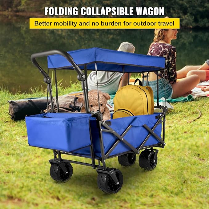 Happbuy Collapsible Wagon with Removable Canopy, 220lbs Heavy Duty Foldable Beach Wagon with Big Wheels