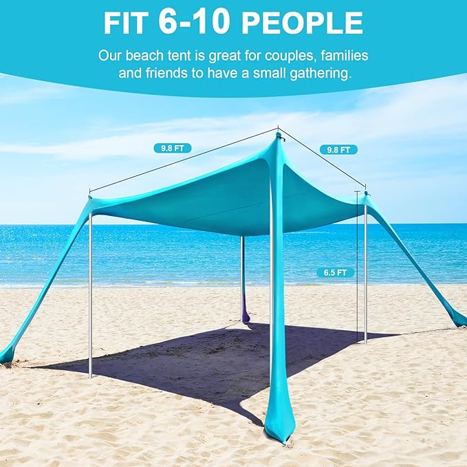 Beach Tent - 10 x 10 FT Beach Canopy, Portable Beach Tent Sun Shelter UPF50 with 4 Sandbags, Stability Poles Ground Pegs and Anti-Wind Ropes, Outdoor Beach Shade Canopy for Camping, Light Blue
