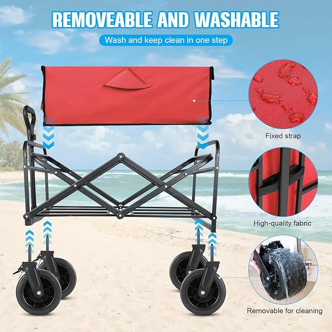 Beach Wagon,Collapsible Foldable Wagon Cart with Big Wheels,Utility Folding Grocery Lounge All Terrain Wagon with Side Pocket and Brakes for Sand Camping Sports Outdoor(Red).