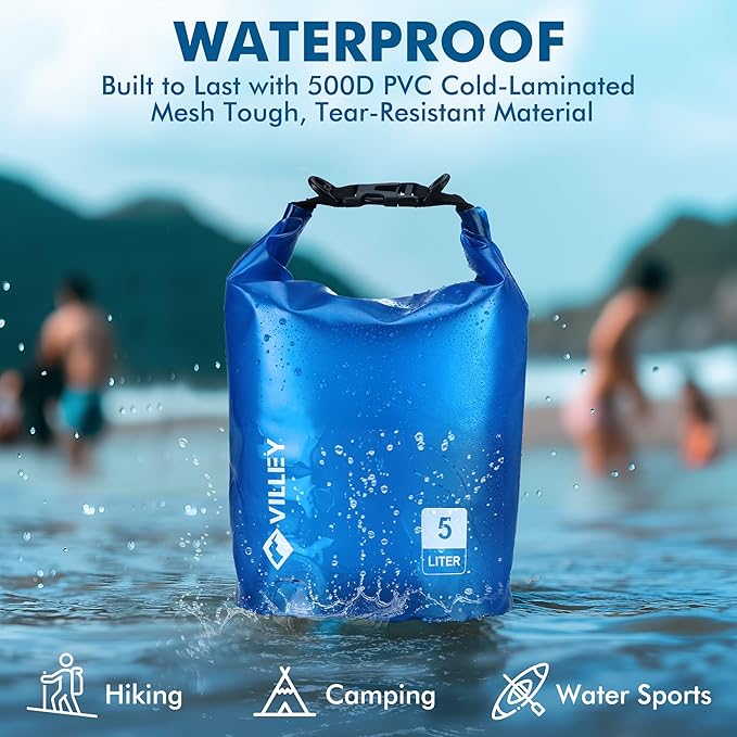 VILLEY Dry Bag Waterproof 5L Roll Top Sack Keeps Gear Dry Lightweight Dry Sack with Waterproof Phone Case for Kayaking Boating Camping Swimming and Beach Adventures Transparent Blue