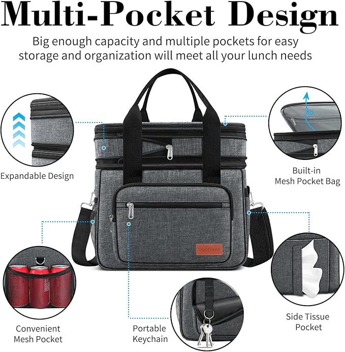 23L Extra Large Expandable Insulated Cooler Lunch Box for Men Double Deck Leakproof Heavy Duty Lunch Bag with 4 Ice Packs&2 Snack Bags for Adult/Construction/Women/Work/Picnic/Camping - Dark Gray