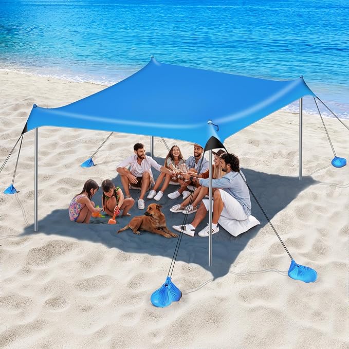 Beach Tent Sun Shelter, 10 x 10 FT Beach Canopy Tent Sun Shade Heavy Duty, UPF50+ Beach Tent Canopy with 8 Sandbags & 4 Stability Poles, Outdoor Beach Tent for Beach Camping Fishing, Sky Blue