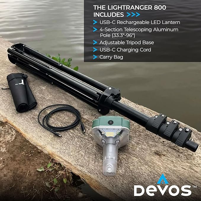 DEVOS - LightRanger 800 Telescoping Camp Light, 8 ft Tall with 800 lumens, Rechargeable LED Lantern, Up to 30-Hour Runtime, 1-Year Warranty, Includes Carry Case