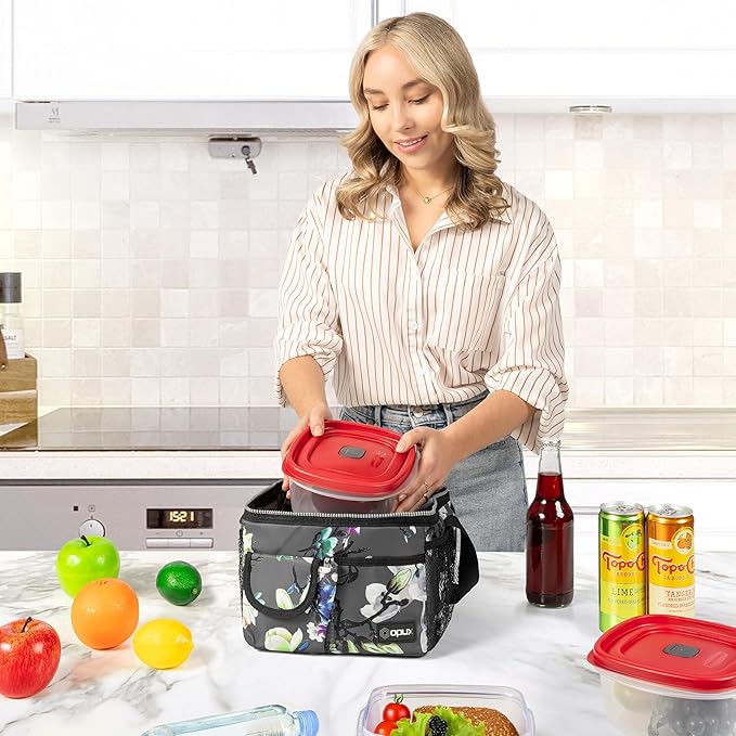 opux Insulated Lunch Bag for Men Women, Leakproof Floral Grey Lunch Box for Work, Portable Soft Lunch Cooler Bag with Shoulder Strap, Adult Lunchbox Lunch Pail for Kid Boy Girl School, 14 Can/8L