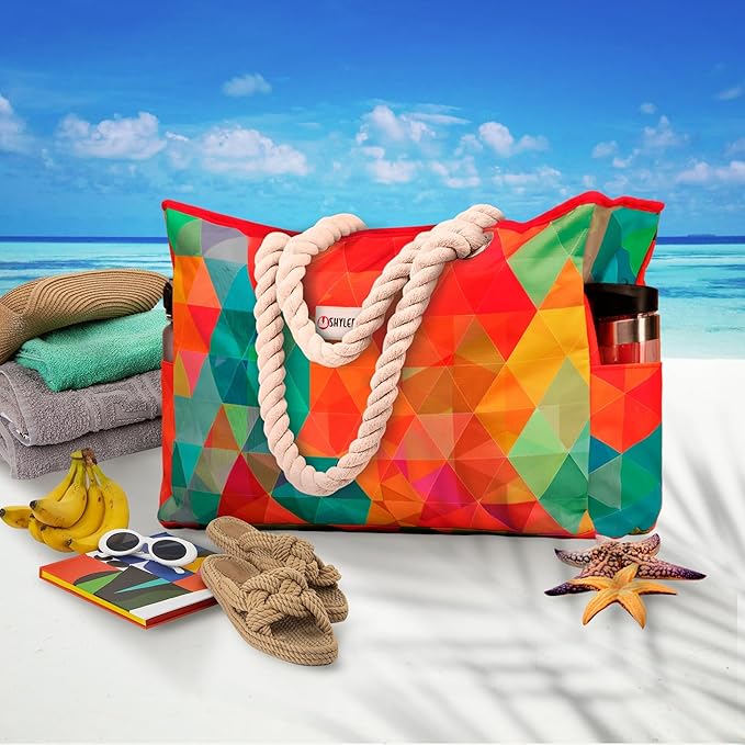 SHYLERO Beach Bag and Pool Bag. Has Airtight Pouch, Ton of Pockets. Beach Tote is Zippered, Water Resistant. Family Size