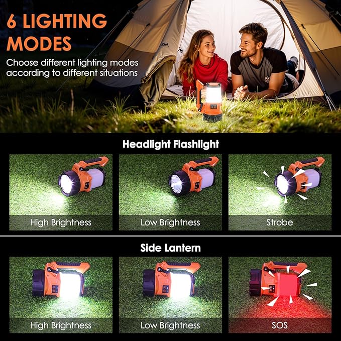 Rechargeable Camping Lantern, 6 Modes LED Flashlight Handheld Spotlight with 2000LM, 4400mAh Power Bank, IPX4 Waterproof Searchlight Work Light for Emergency Hiking Survival Kits