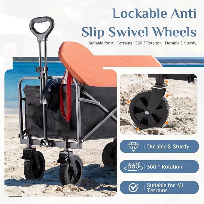 DUMOS Foldable Wagons Carts with All-Terrain Wheels, 170L & 400LBS Portable Wagon Large Capacity Utility Cart with Drink Holders, Heavy Duty Collapsible for Sand, Beach, Gardening (Extra Large Black)