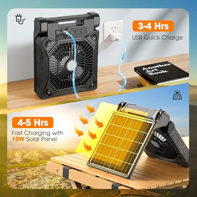 Solar Camping Fan with LED Lantern, 20000mAh Rechargeable Battery Powered with 10W Solar Panel and Emergency Power Bank, Quiet Battery Operated Tent Fan for Picnic, Barbecue, Fishing, Travel