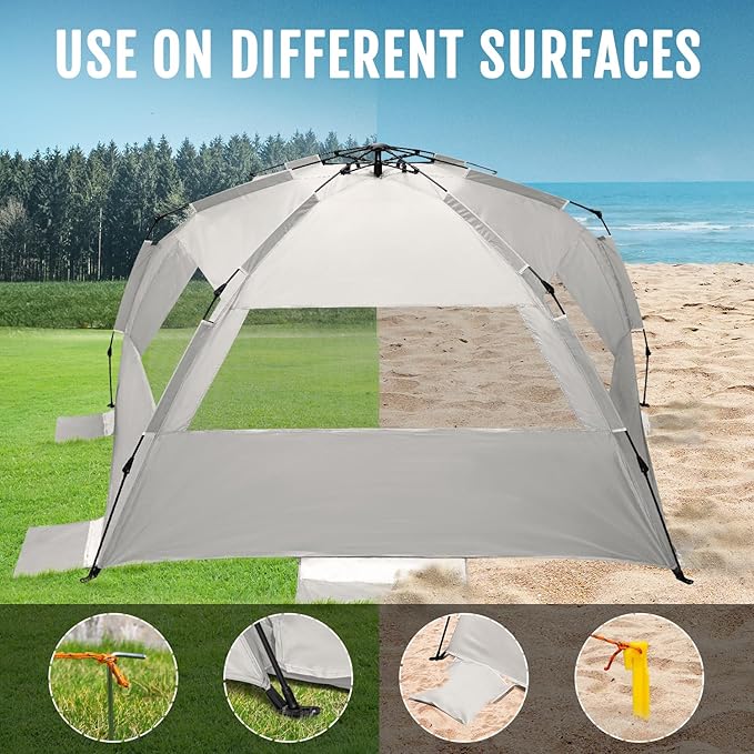 WhiteFang Deluxe Pop Up Beach Tent Sun Shade Shelter for 3-4/5-6 Person, UV Protection, Extendable Floor with 3 Ventilating Windows Plus Carrying Bag, Stakes, and Guy Lines