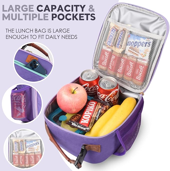 Lunch Bag for Women Men Girls Teens Insulated Leakproof LunchBox for Adult Reusable Lunch Box with Bottle Holder for Work Office School Travel Picnic-Purple/White