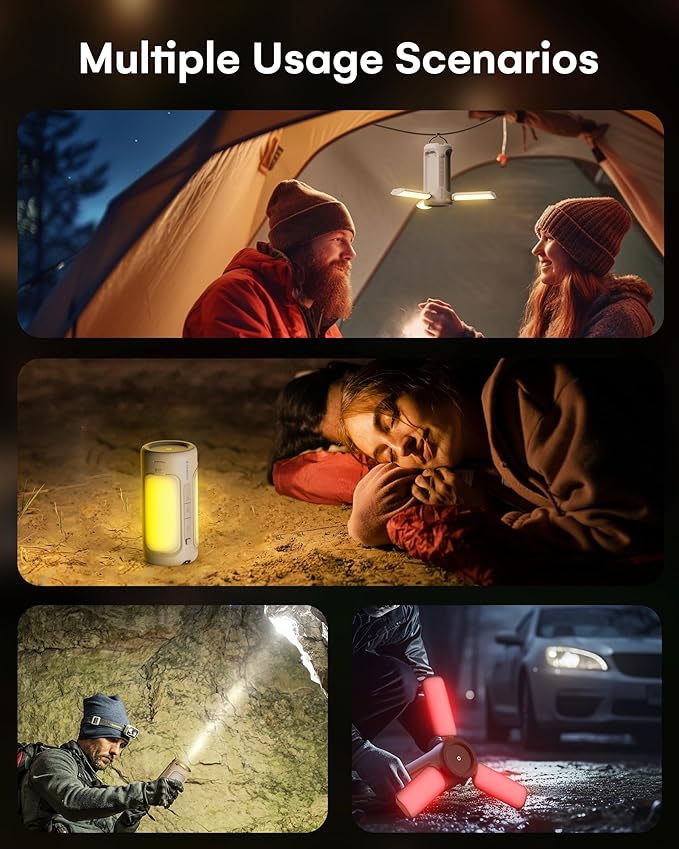 Rechargeable LED Camping Lantern, Camping Lights with Flashlights, Waterproof Tent Light with 4 Light Modes, Camping Essentials, 6000mAh Power Bank, for Camping, , Hiking, Power (Brown)