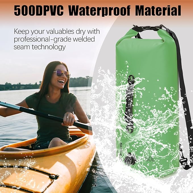 8 Fans Dry Bag Backpack Waterproof,50L Roll Top Bag with Phone Case, Perfect for Floating,Travel,Swimming,Boating,Kayaking,Camping,and Beach Activities(Air Release Valves, Green)