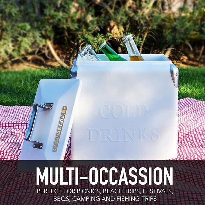 Permasteel Retro Vintage 14-Qt Portable Ice Chest, Hard Metal Beverage Cooler, Personal Cooler for Camping, Beach, Picnic, Classic Style, White