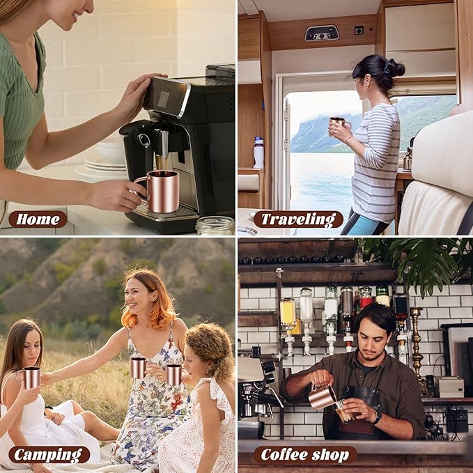 Cunhill 4 Set 7.5oz/220ml Stainless Steel Coffee Mug with Handle Metal Double Walled Cups Camping Mug Dishwasher Safe Tea Cups for Home Travel Camping Outdoors Rv Keep Drinks Hot (Rose Gold)