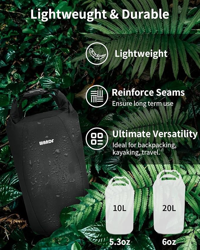 WANDF Waterproof Dry Bag for Women Men with Quick-Dry Shoulder Strap Floating Roll Top Dry Storage Bag 10L for Kayaking, Rafting, Boating, Swimming, Camping, Hiking, Beach, Fishing (Black)
