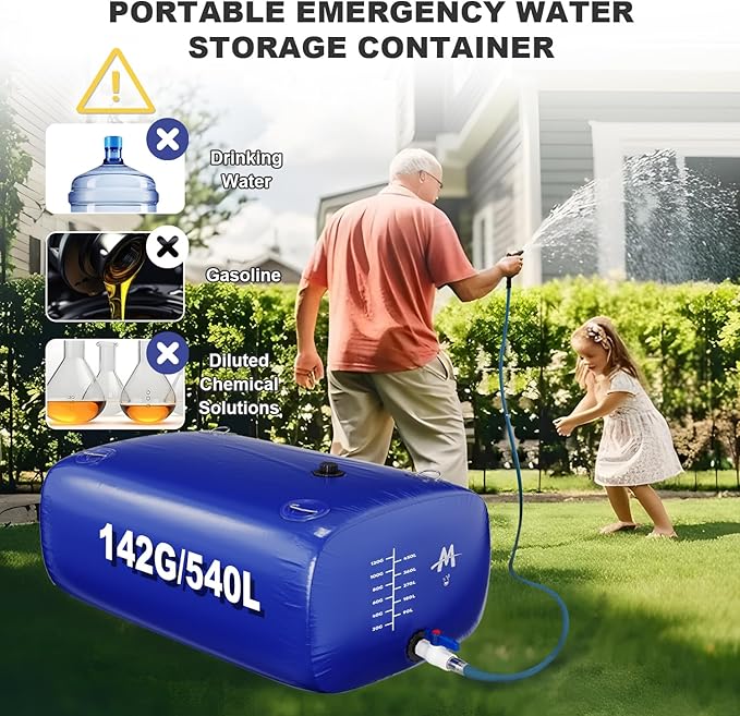 Moongiantgo Foldable 142G/540L Water Bladder - 1000D PVC Portable Emergency Water Storage Container with Valve & Overflow Kit - Soft Storage Bag for RV, Camping, Irrigation