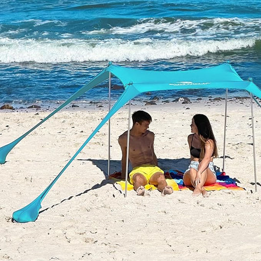 SUN NINJA Beach Tent Shelter with UPF50+ Protection, Includes Sand Shovel, Ground Pegs, Stability Poles, Outdoor Pop Up Shade Canopy for Camping, Fishing, Backyard Fun (Turquoise, 5x5 FT 4 Pole)
