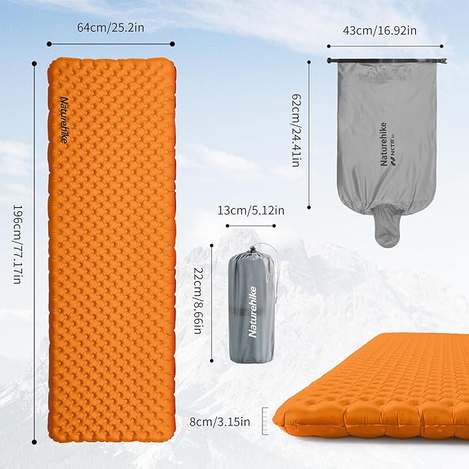 Naturehike Ultralight Insulated Sleeping Pad with R5.8, 3.2in Thickened Patchworkable Inflatable Double Sleeping Mat for Camping, Hiking, Climbing with Inflatable Bag