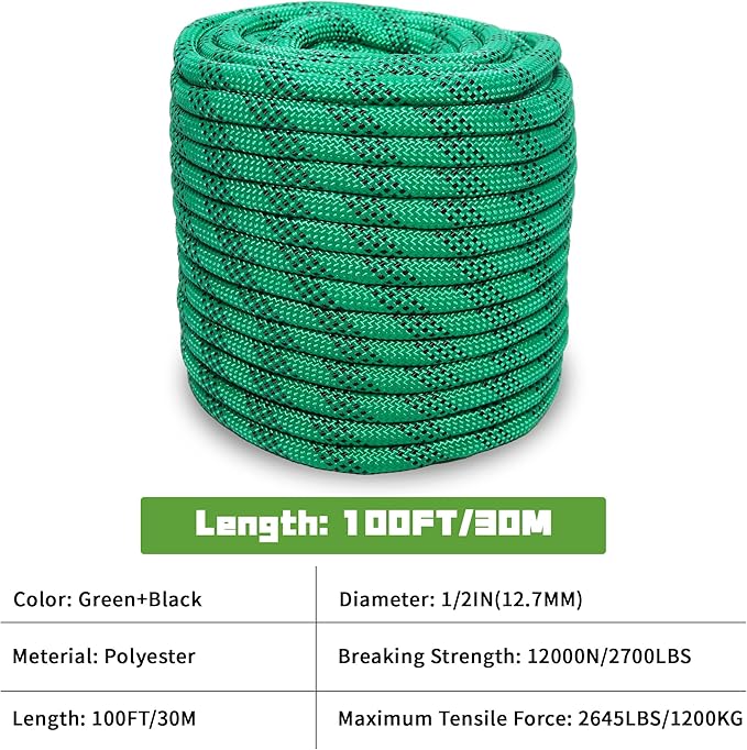 1/2 Inch 100ft Double Braided Polyester Arborist Rope, Heavy Duty Nylon Rope for Anchor, Tree Work, Cargo, Pulling, Sailing (Green)