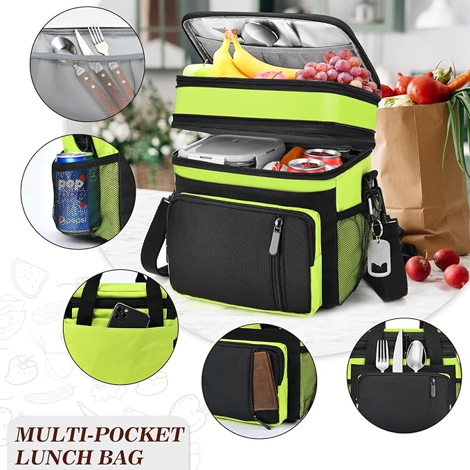 Lunch Box & Lunch Bag for Men Women, Large Insulated Adult Lunch Box, Leakproof Cooler Lunchbox with Bottle Opener for Work Picnic Beach, 16L, Neon Green