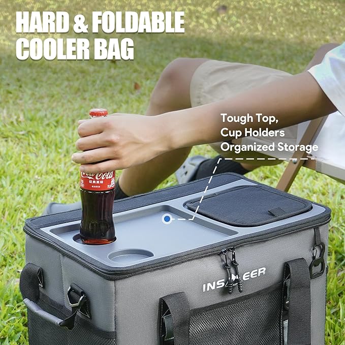 INSMEER Soft Cooler Bag with Hard Shell & 2 Cup Holders, Portable 40L/70 Cans Collapsible Cooler Bags Insulated with Leakproof for Travel, ice chests and Cooler Lunch Box for Beach Camping Picnic