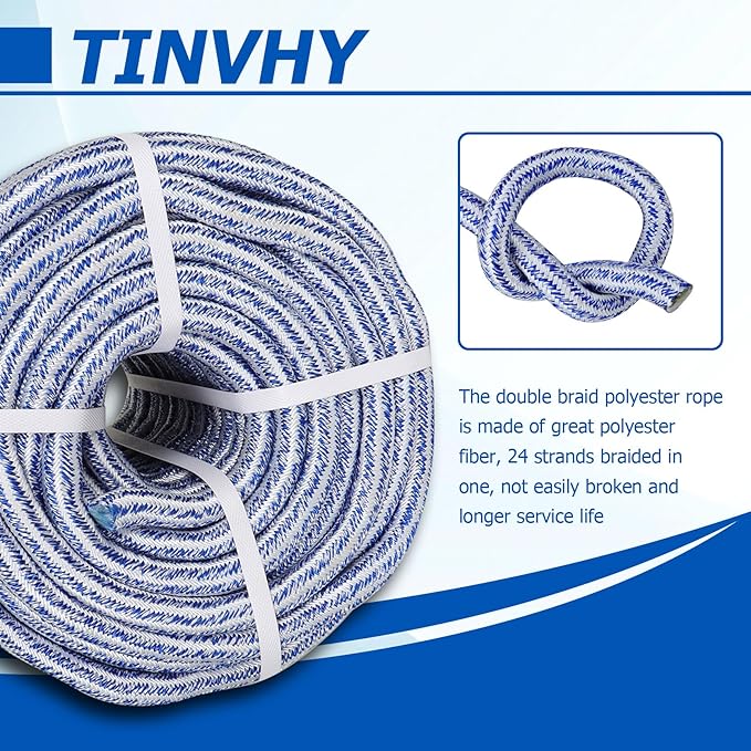 3/4 Inch x 200 Feet Double Braid Polyester Rope 20000Lbs Breaking Strength Strong Pulling Rope for Tree Work Camping Swings(Blue White)
