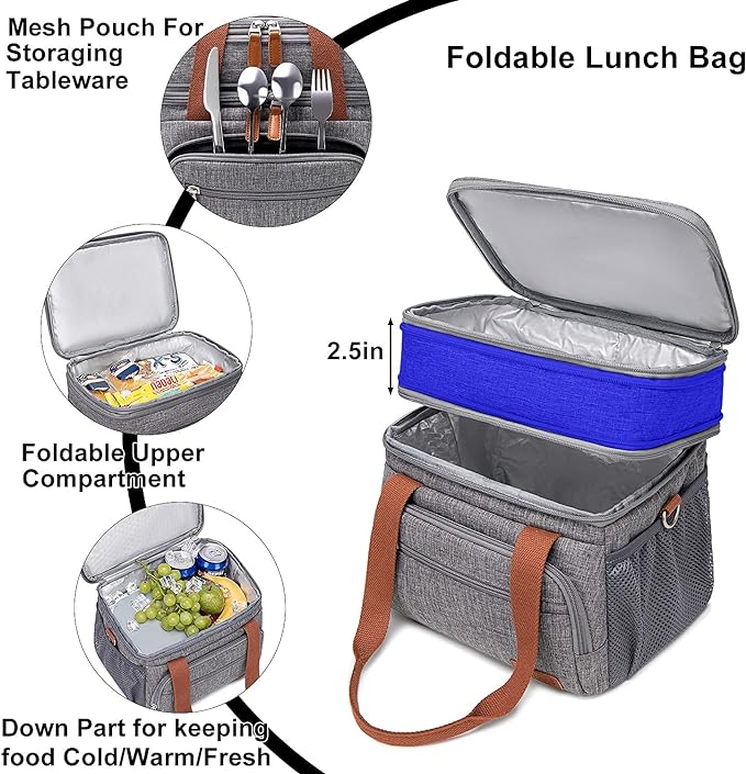 Weitars Lunch Bag for Women Men, Loncheras Para Mujer Dual Compartment Waterproof Reusable Large Lunch Box Wide-Open Cooler Tote Bag For Working Picnic Hiking (15L) (Gray(kahki))