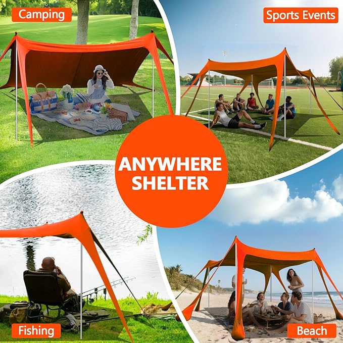 Beach Tent Sun Shelter, 10 x 10 FT Beach Canopy Tent Sun Shade Heavy Duty, UPF50+ Beach Tent Canopy with 8 Sandbags & 4 Stability Poles, Outdoor Beach Shade Canopy for Camping and Fishing, Orange