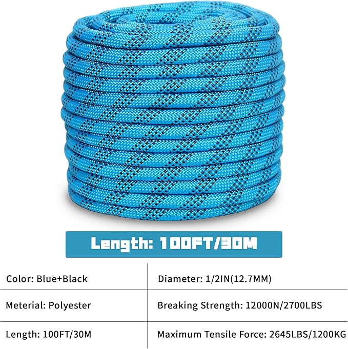 1/2 Inch 100ft Double Braided Polyester Arborist Rope, Heavy Duty Nylon Rope for Anchor, Tree Work, Cargo, Pulling, Sailing (Blue)