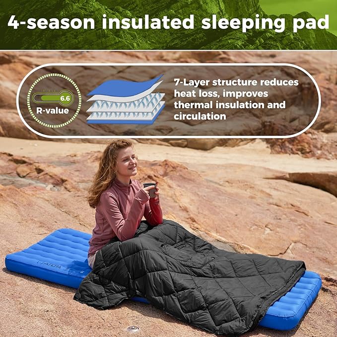 ATEPA Backpacking Sleeping Pad, 6.6 R-Value Insulated Ultralight Inflatable Sleeping Pad Thick Folding Camping Mattress with 7 Layers & Storage Bag for Camping Backpacking, Wide Long Size (78"x27")