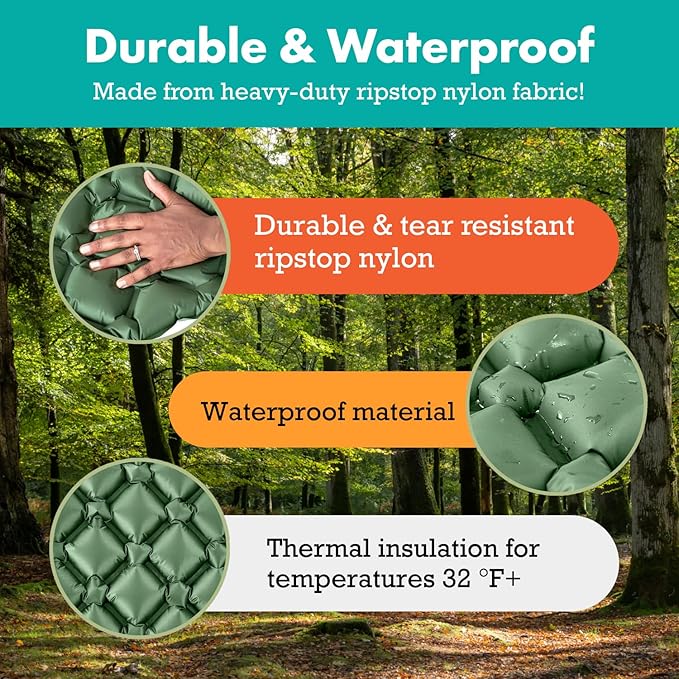 Ultralight Sleeping Pad - Inflatable Sleeping Mat for Camping, Hiking, Backpacking - 74x22 Inches Compact Air Mattress, Waterproof Gear for Travel Outdoors - Green