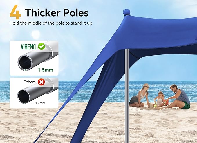 Beach Tent, Beach Canopy Sun Shade with UPF50+ UV Protection, 10x10ft, Includes 8 Sandbags, Sand Shovel, Ground Pegs & 4 Stability Poles, Pop Up Sun Shelter for Camping, Picnics, Backyard Fun