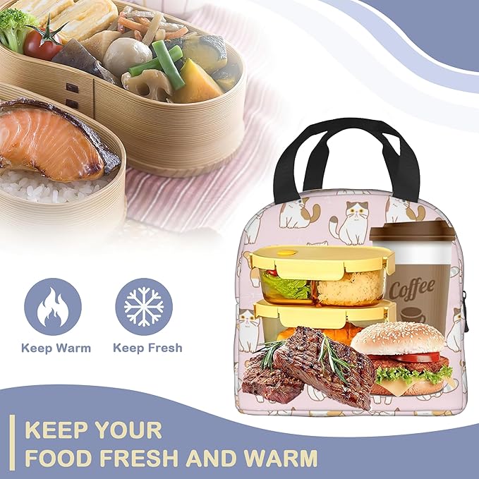 Cute Cartoon Cat Pink Lunch Box,Insulated Lunch Bag for Girls Boys,Reusable Lunch Box for Kids Adults School Student Work Picnic Travel