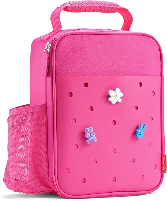 Fit & Fresh Charm Lunch Bag For Kids, Thermal Insulated Lunch Box For Kids Boys & Girls With Shoe Charm Slots For Personalization, School Lunch Box, Pink