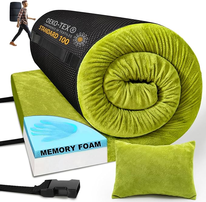 Sleeping Pad,3-inch Thick Memory Foam Camping Mattress,Portable Roll-Up Mat for Car/Tent/Floor/Cot/Travel,Comfortable Pad for Guests Sleepover