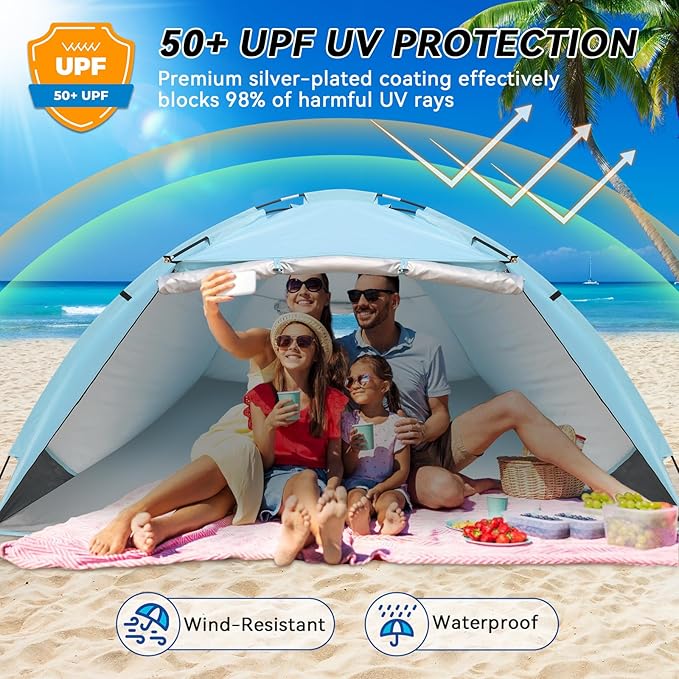 Beach Tent with Canopy, UPF 50+ UV Protection with Silver Coating, Beach Cabana for 4-6 People,Sun Shelter Tent with Ventilation Window & Storage Pockets, Easy to Set up for Family Outdoor use