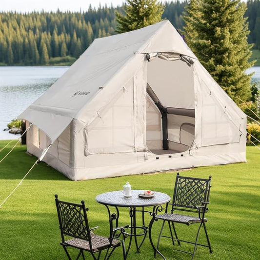 Inflatable Tent for Camping Blow Up Tents Glamping 4 Season House, Air Tents with Pump, Easy Setup Oxford Cabin House with Double-Layer Mesh Windows & Double Doors
